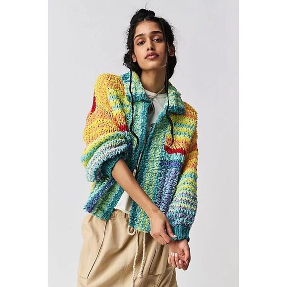 NWOT Free People Beach Market Cardigan Rainbow Loose Chunky Knit Small - Picture 2 of 12